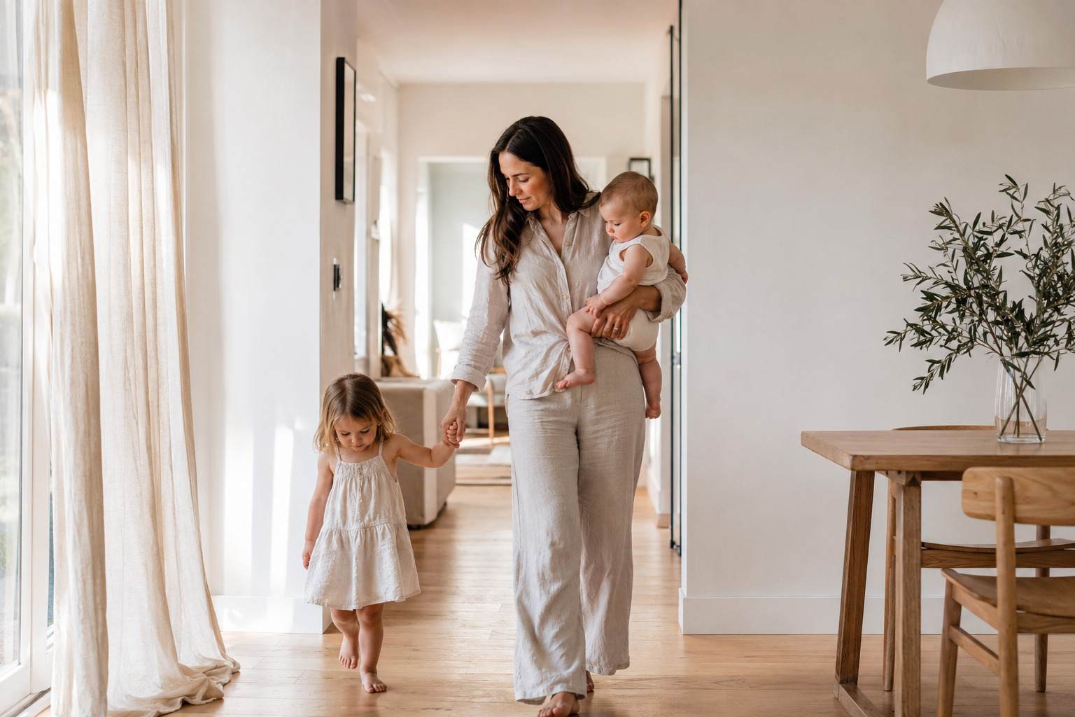A mother sharing a quiet moment with her baby and toddler