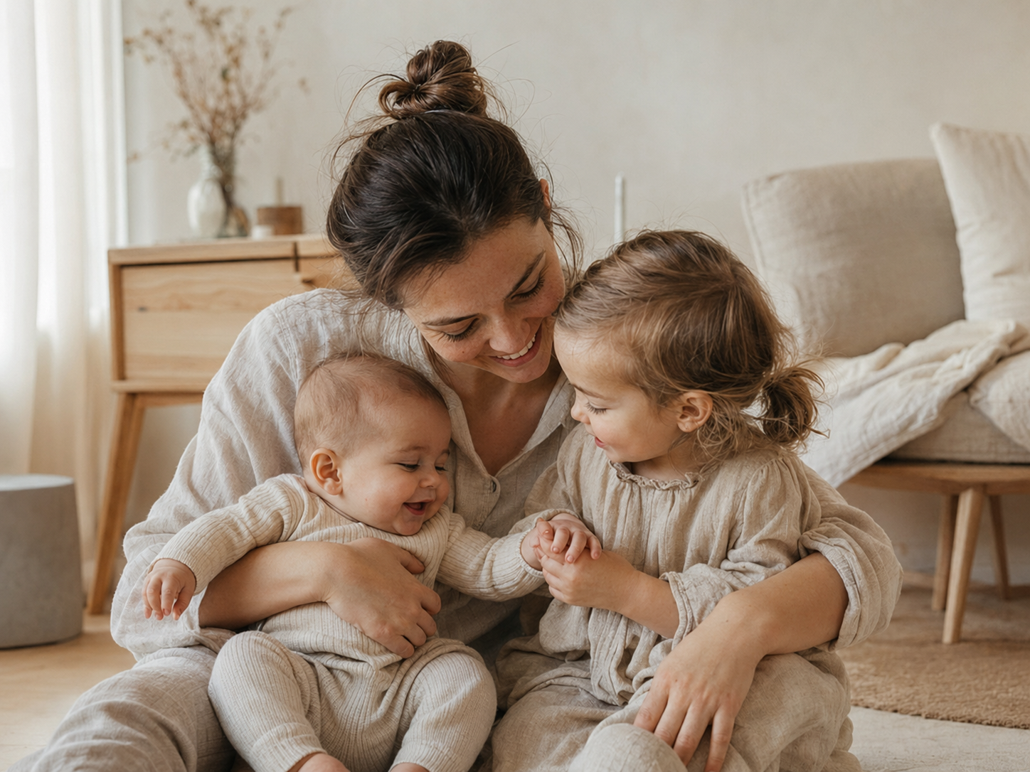 A mother sharing a warm moment with her baby and toddler