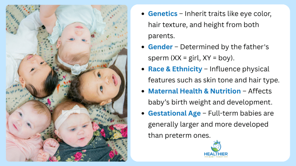 Five babies of diverse ethnicities lying on a soft surface beside a list of genetic and developmental factors that influence newborn traits // Healthier Baby Today