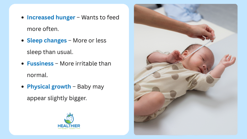 List of common signs your baby is going through a growth spurt, shown alongside a baby being measured with a tape // Healthier Baby Today
