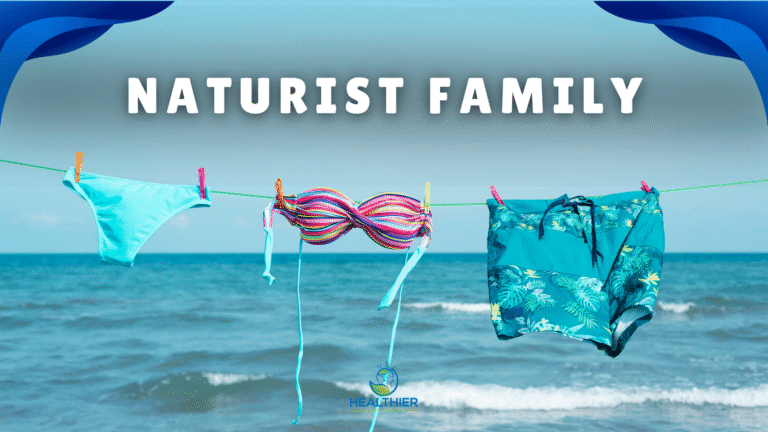 Clothes hanging on a line by the beach with the text “Naturist Family.” // Healthier Baby Today