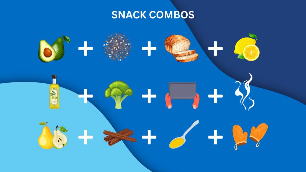 A colorful graphic titled “Snack Combos” displays three illustrated snack ideas in a grid. The first row features an avocado, chia seeds, sliced bread, and a lemon. The second row shows a bottle of olive oil, broccoli, a tray held by oven mitts, and steam rising. The third row includes a pear, cinnamon sticks, a spoonful of honey, and a pair of orange oven mitts. The background blends light and dark blue waves for a vibrant, child-friendly look. // Healthier Baby Today