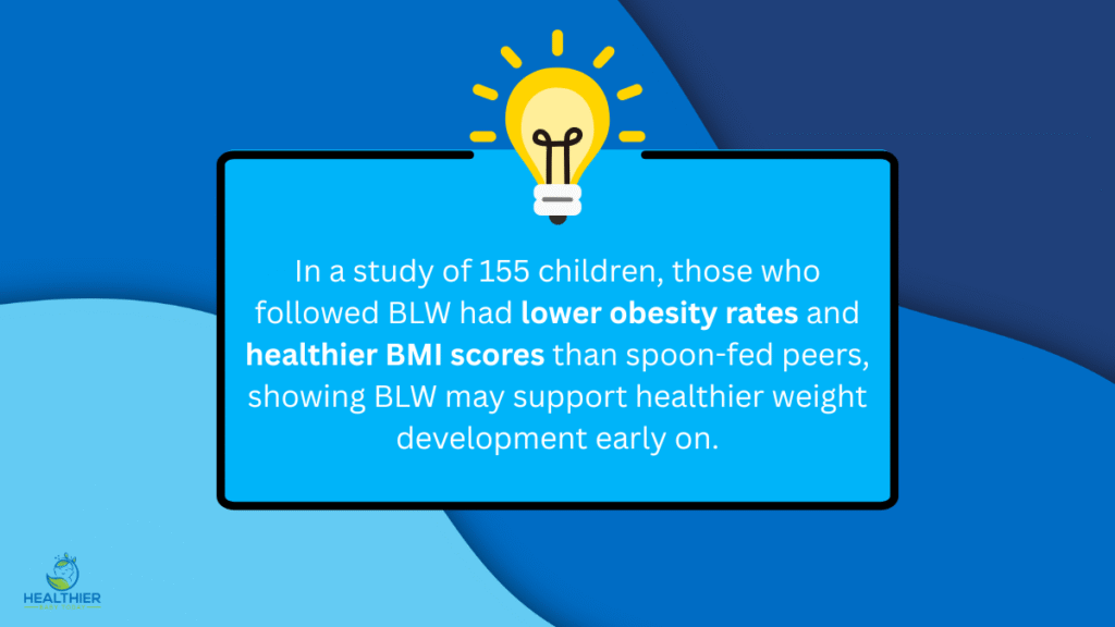 Text graphic stating: “In a study of 155 children, those who followed BLW had lower obesity rates and healthier BMI scores than spoon-fed peers, showing BLW may support healthier weight development early on.” The background features a glowing yellow light bulb above a bright blue speech bubble, with the Healthier Baby Today logo in the corner. // Healthier Baby Today