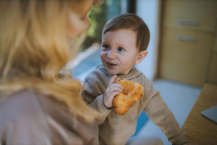 Baby Boy Eating a Croissant With his Mother // Healthier Baby Today