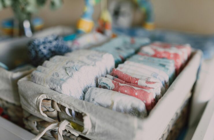 Diaper Party, Organized Diapers on Woven Basket // Healthier Baby Today