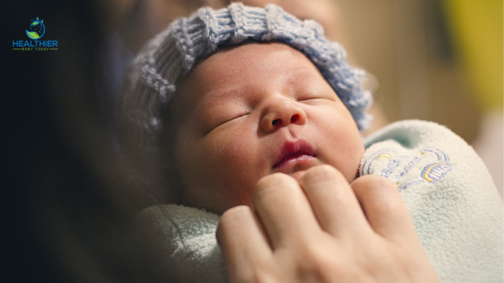 Up close shot of baby sleeping with a blue beanie on // Healthier Baby Today