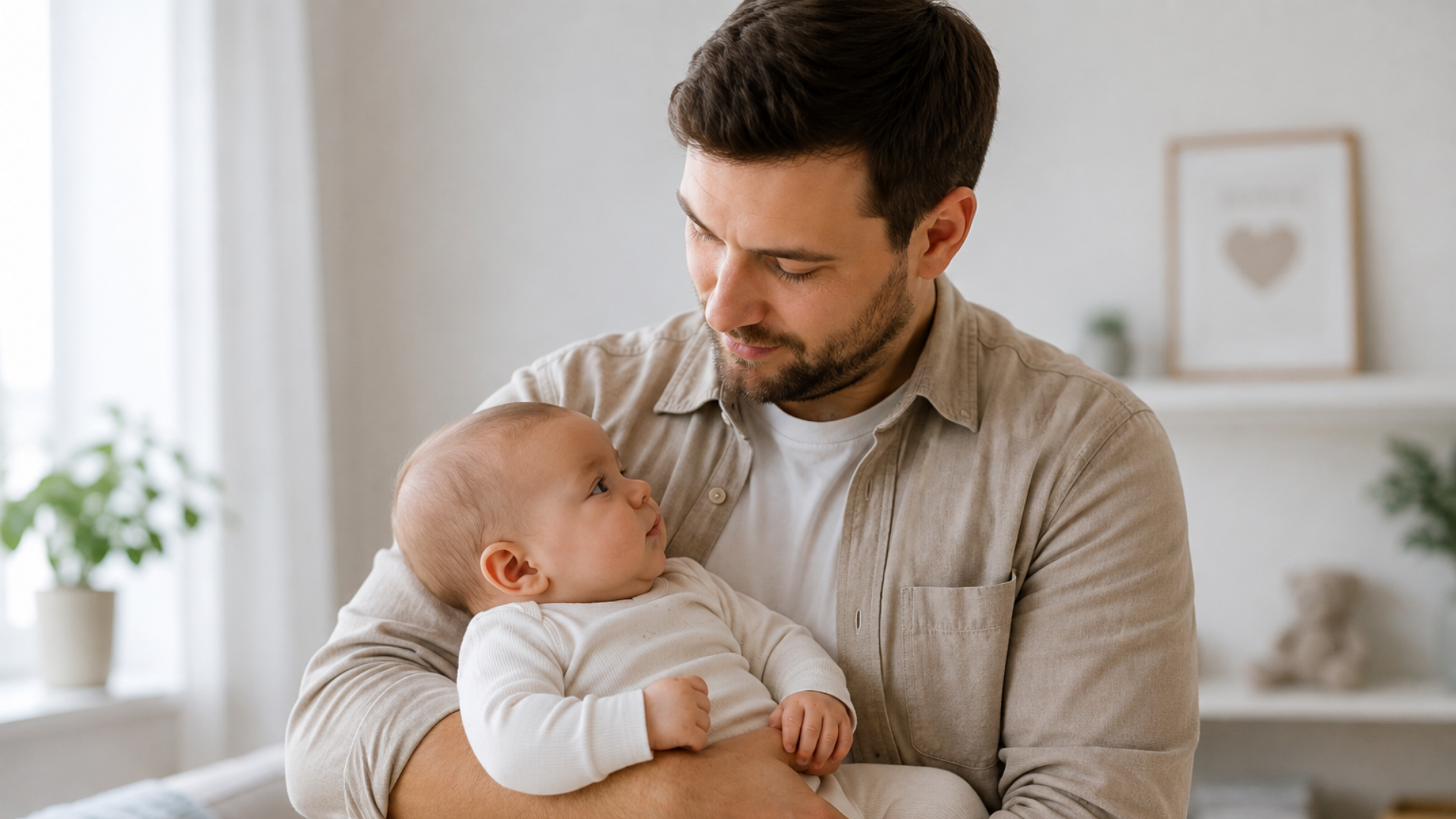 Father holding his baby while on maternity leave for men // Healthier Baby Today