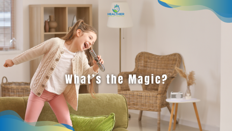 Girl singing Bubble Guppies Theme Song on couch with microphone // Healthier Baby Today