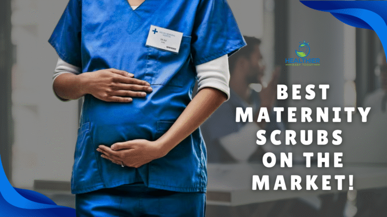 Pregnant medical professional in blue scrubs gently holding her belly, with bold white text that reads "Best Maternity Scrubs on the Market!" // Healthier Baby Today