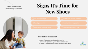 Toddler shoe fit checklist showing when shoes may need replacing, including tight toe room, no wiggle room, heel slipping, worn soles, cracks or holes, and outgrowing the current size. It also recommends checking toddler shoes every two to three months // Healthier Baby Today