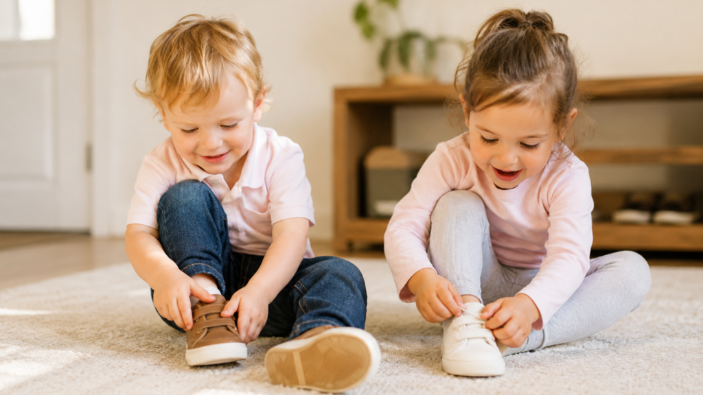 Two young children sitting on the floor and putting on their own toddler shoes, with one fastening a brown Velcro shoe and the other tying a white sneaker // Healthier Baby Today