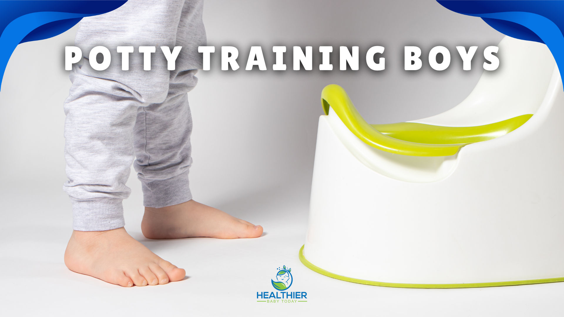 A toddler standing barefoot next to a small green and white potty chair with the text “POTTY TRAINING BOYS” at the top // Healthier Baby Today