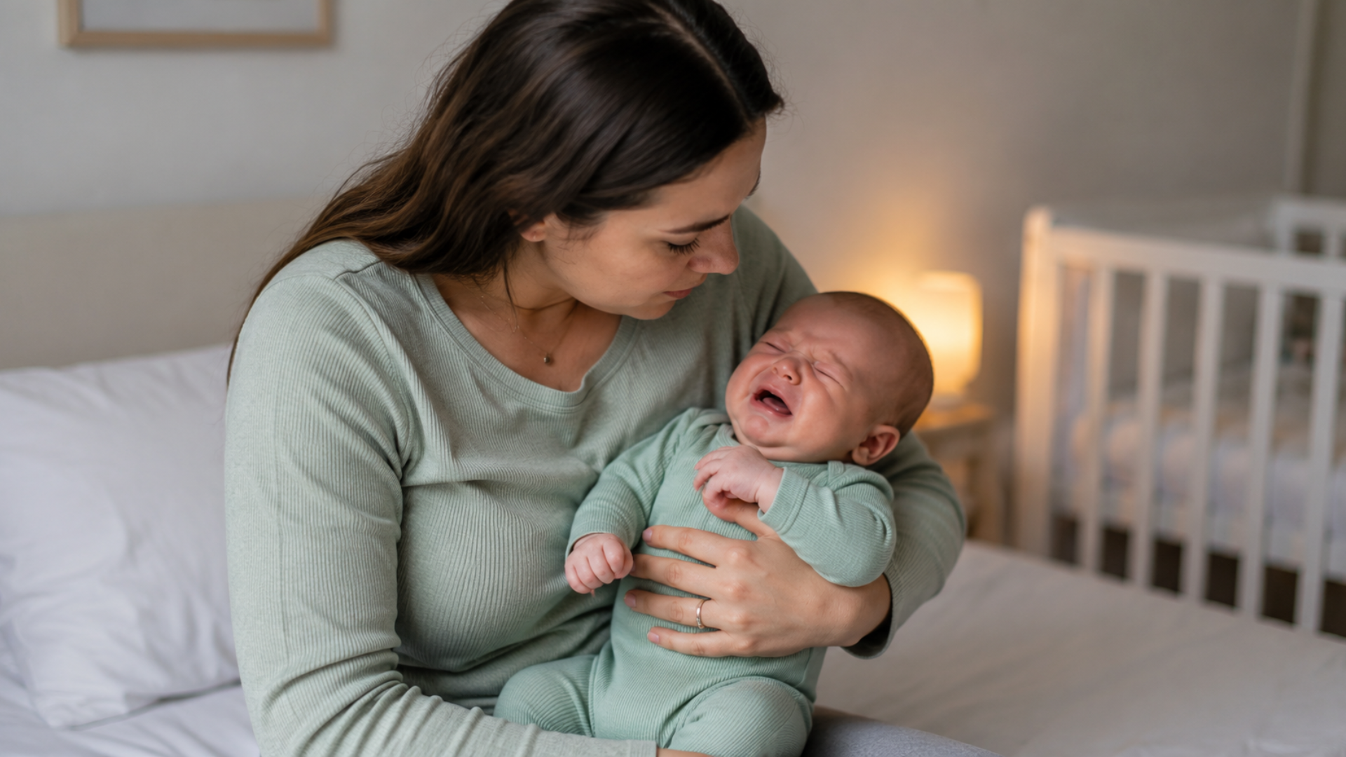 Mother holding and comforting a crying infant in a nursery, showing a baby with silent reflux baby symptoms during a fussy episode // Healthier Baby Today