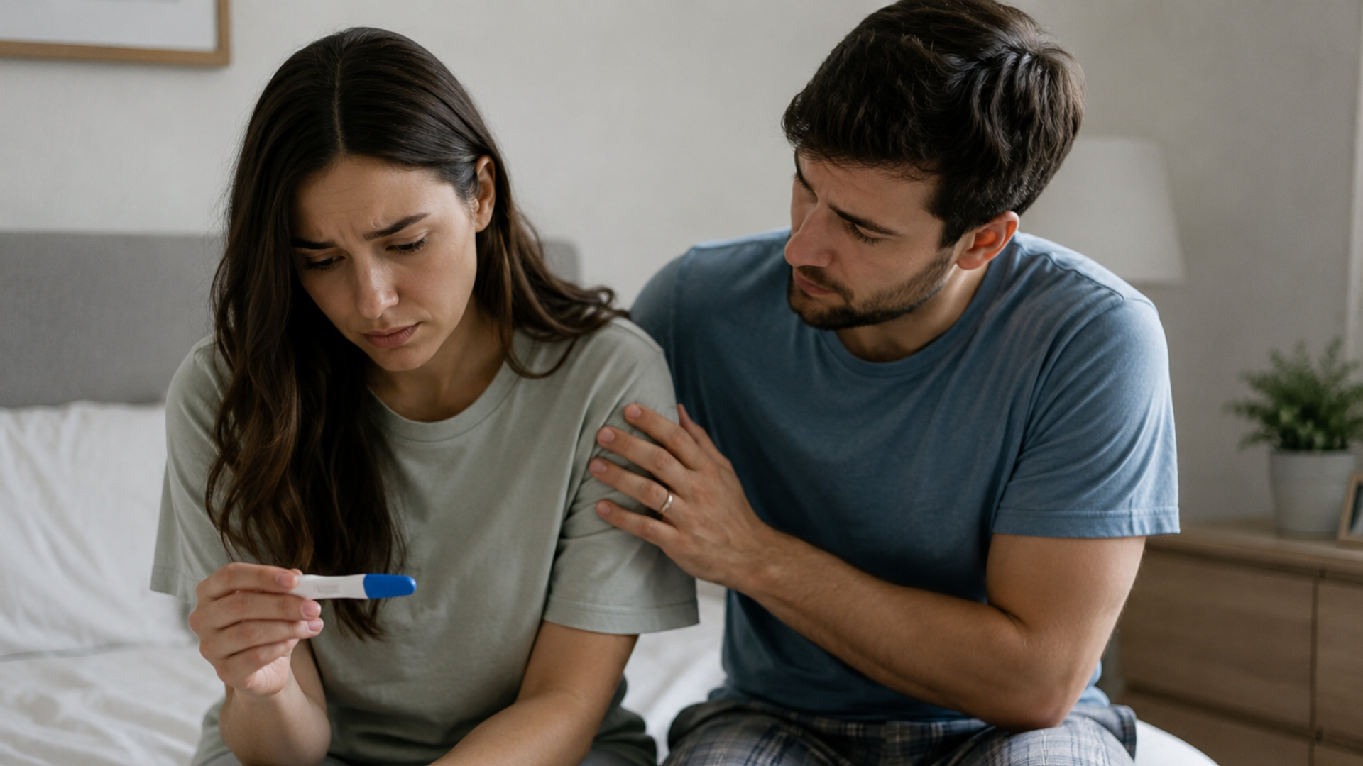 Worried woman holding a positive pregnancy test while her partner comforts her, illustrating concerns around what does a miscarriage look like // Healthier Baby Today