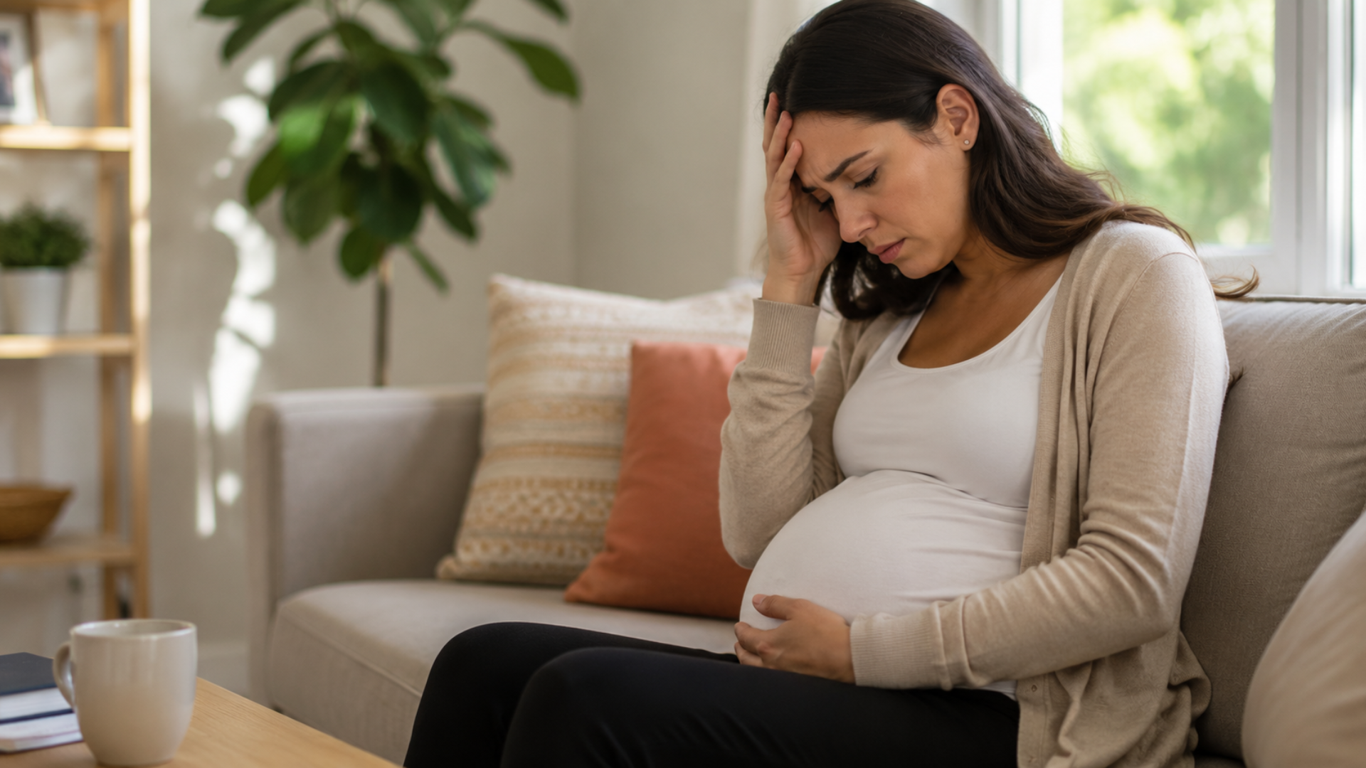 Pregnant woman sitting on a couch with her hand on her forehead and another on her baby bump, reflecting feelings of pregnancy anxiety at home // Healthier Baby Today
