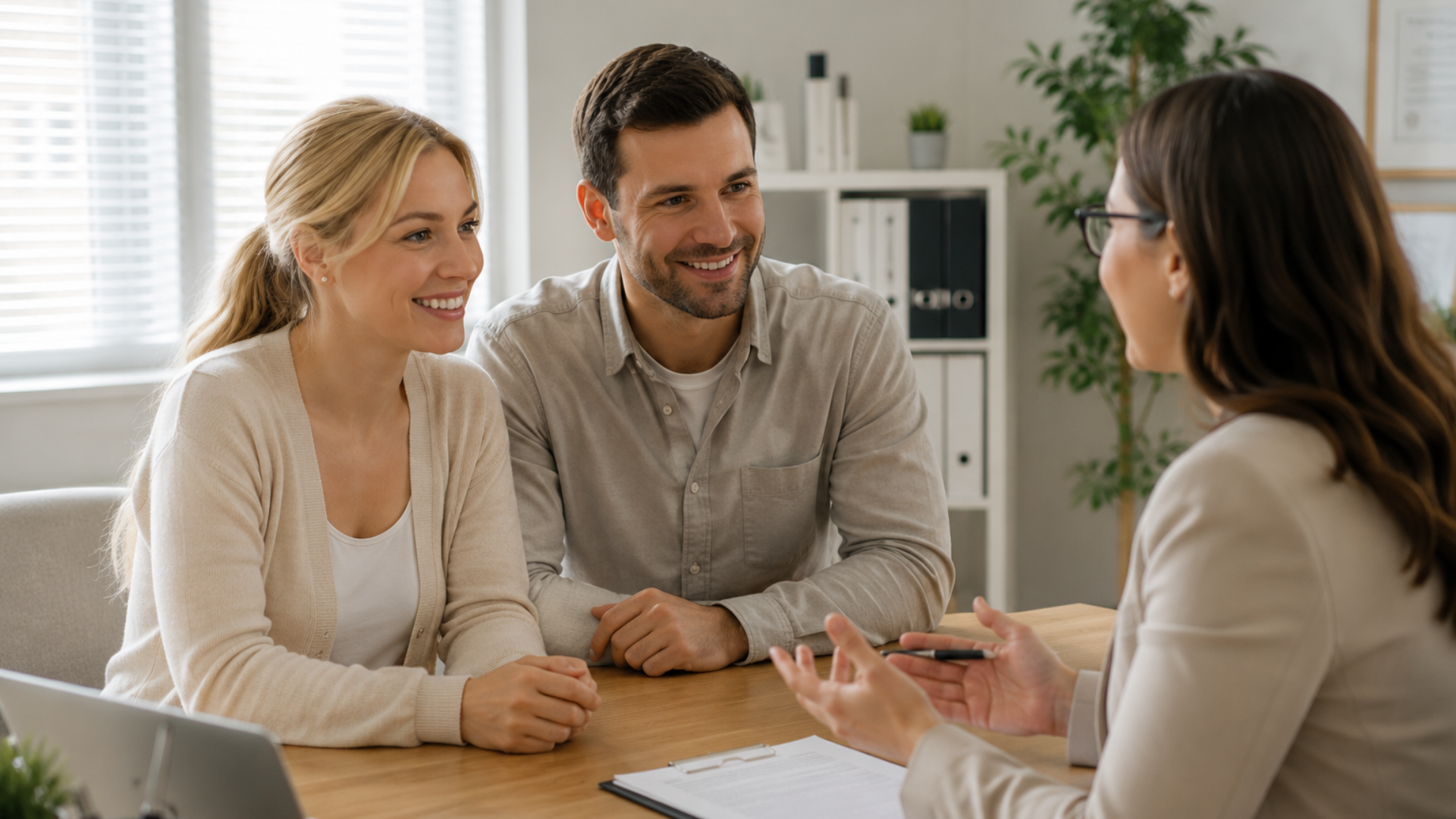 Couple speaking with a social worker during an office consultation about how to become a foster parent // Healthier Baby Today