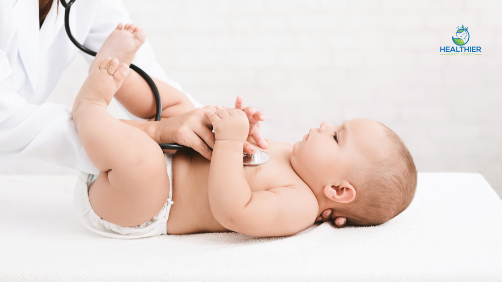 Baby receiving a medical check-up with a stethoscope during a doctor visit // Healthier Baby Today