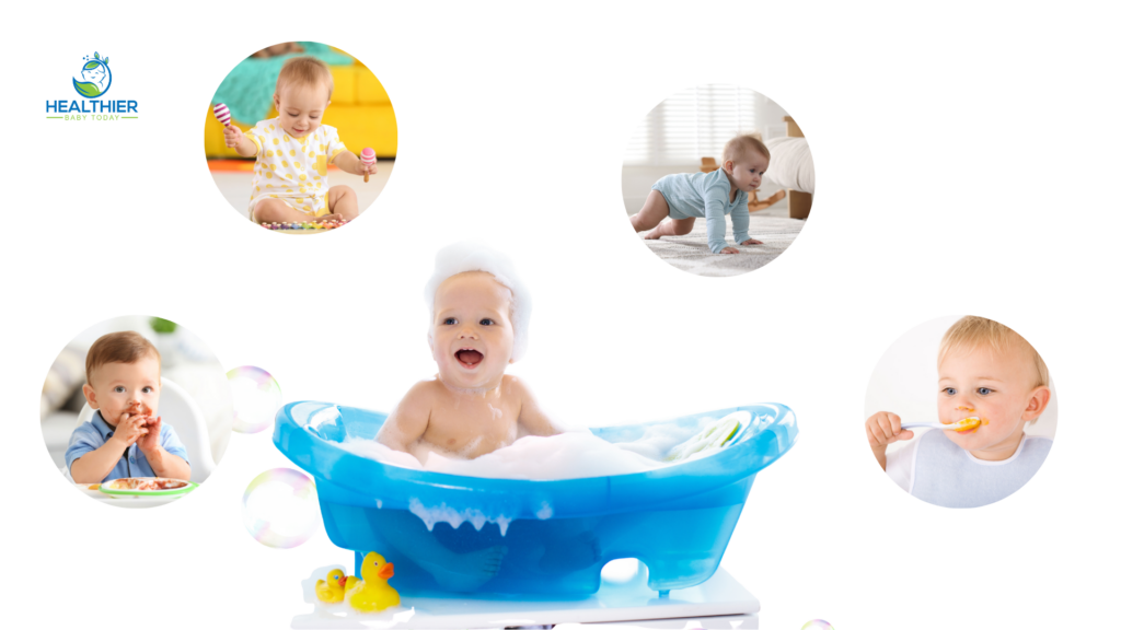 Baby sitting happily in a blue bathtub surrounded by milestone images showing different stages of growth and routines // Healthier Baby Today
