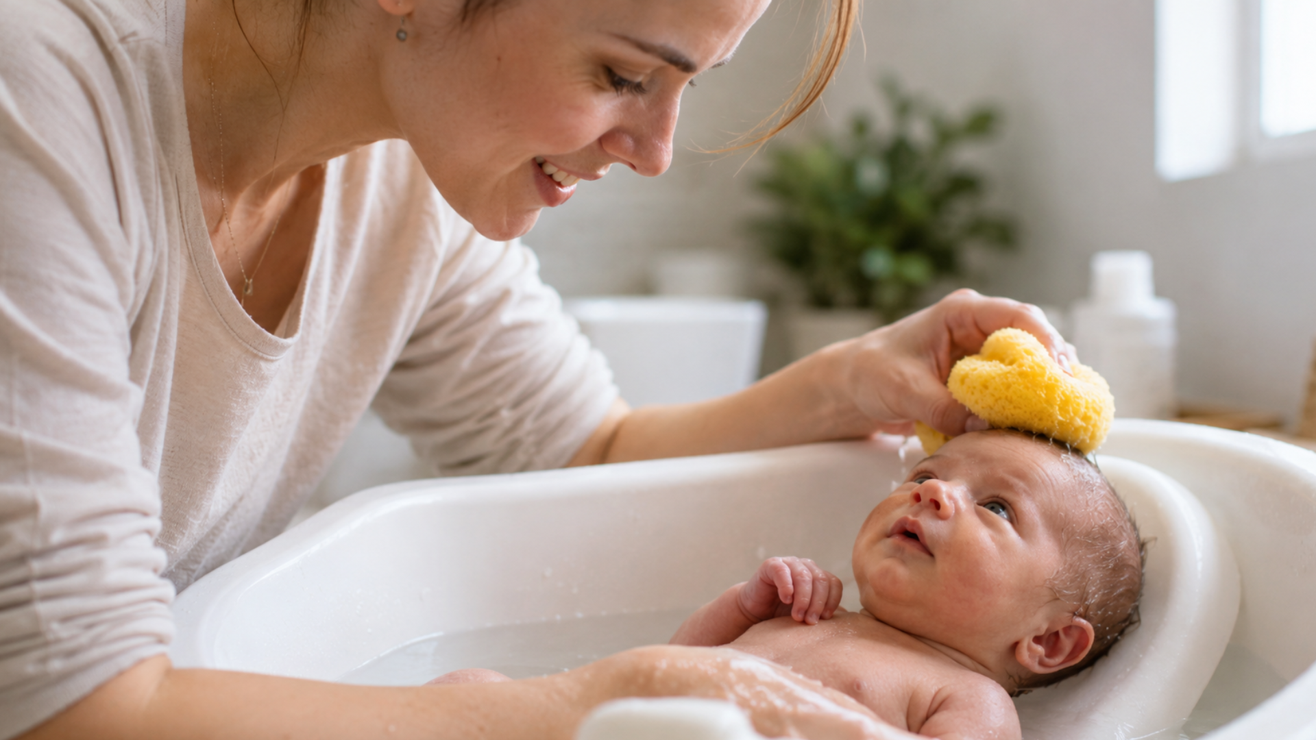 Mother gently bathing a newborn in a white baby bathtub, demonstrating how often to bathe a newborn during a safe and gentle bath time routine // Healthier Baby Today